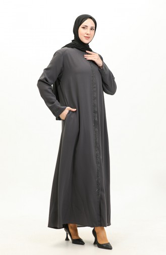 Plus Size Stone Printed Abaya 5066-07 Smoke Gray 5066-07