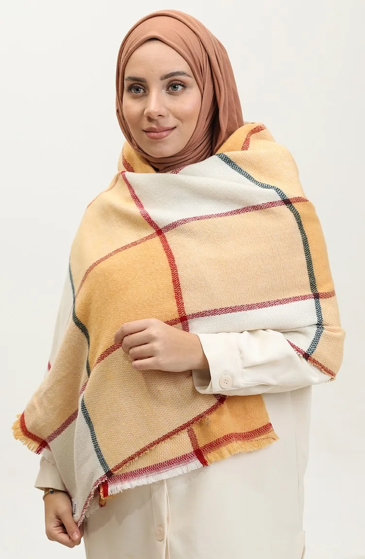 Desenli Omuz Şalı 2069A-01 Sarı Bordo