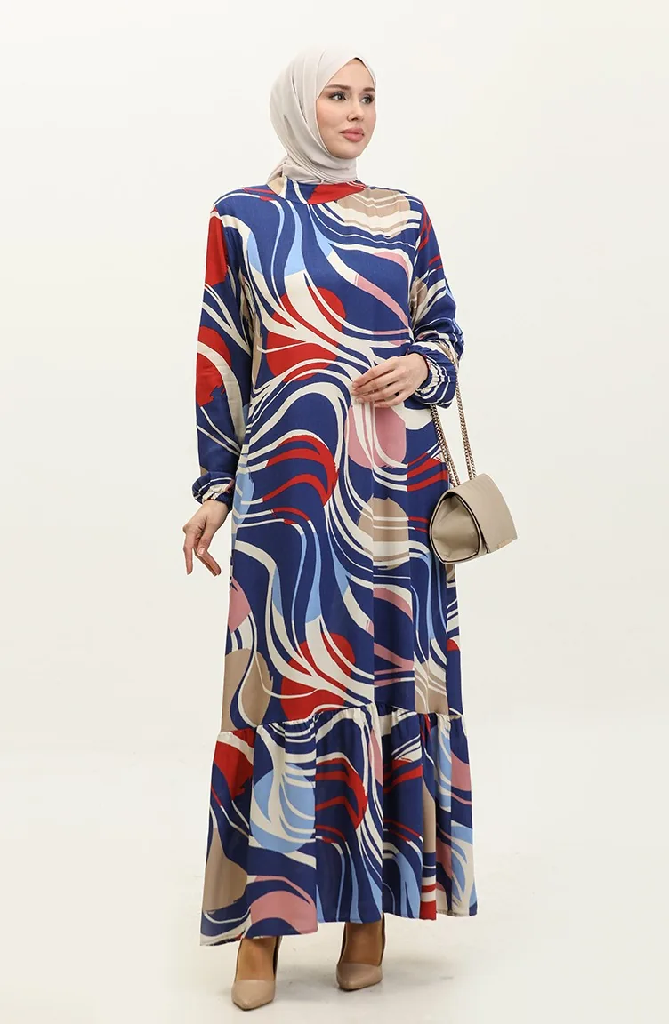 Lamia Patterned Viscose Dress 0323-02 Navy Blue Claret Red 0323-02