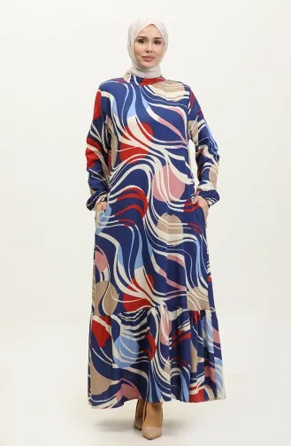 Lamia Patterned Viscose Dress 0323-02 Navy Blue Claret Red 0323-02