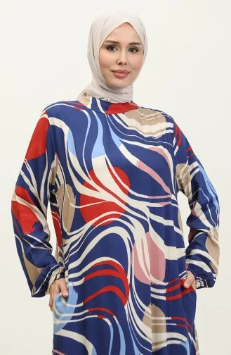 Lamia Patterned Viscose Dress 0323-02 Navy Blue Claret Red 0323-02