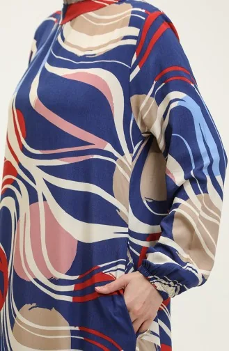 Lamia Patterned Viscose Dress 0323-02 Navy Blue Claret Red 0323-02