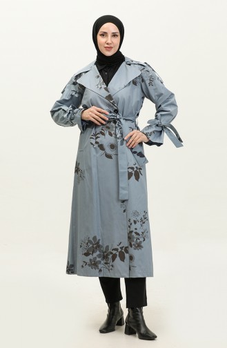 Trench Saisonnier En Coton À Motifs Floraux Jamila Bleu Nuage 6501.Bulut Mavisi