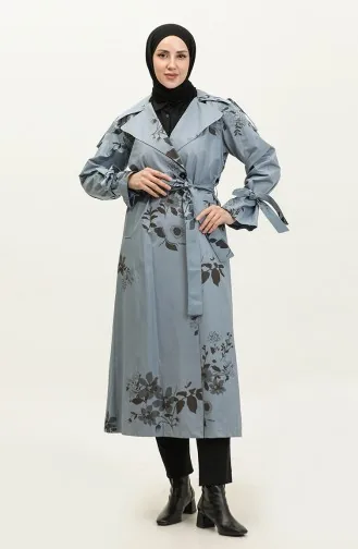 Trench Saisonnier En Coton À Motifs Floraux Jamila Bleu Nuage 6501.Bulut Mavisi