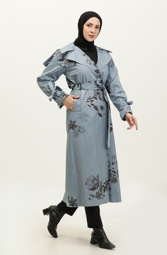 Trench Saisonnier En Coton À Motifs Floraux Jamila Bleu Nuage 6501.Bulut Mavisi