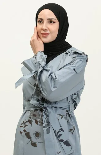 Trench Saisonnier En Coton À Motifs Floraux Jamila Bleu Nuage 6501.Bulut Mavisi