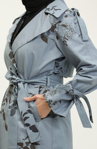 Jamila Floral Patterned Cotton Seasonal Trench Coat Cloud Blue 6501.Bulut Mavisi