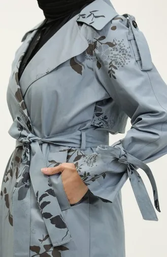 Trench Saisonnier En Coton À Motifs Floraux Jamila Bleu Nuage 6501.Bulut Mavisi
