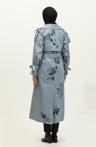 Trench Saisonnier En Coton À Motifs Floraux Jamila Bleu Nuage 6501.Bulut Mavisi