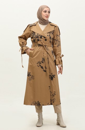 Jamila Floral Patterned Cotton Seasonal Trench Coat Camel 6501.Kamel