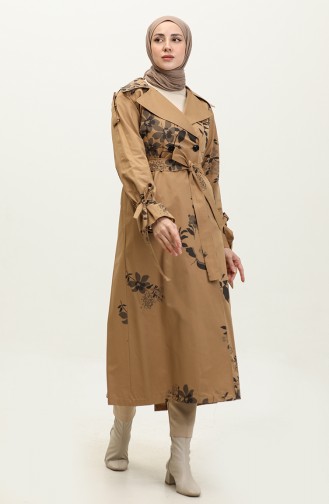 Jamila Floral Patterned Cotton Seasonal Trench Coat Camel 6501.Kamel