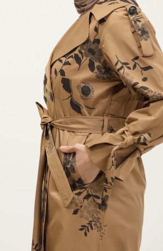 Jamila Floral Patterned Cotton Seasonal Trench Coat Camel 6501.Kamel