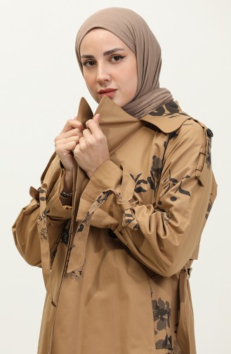 Jamila Floral Patterned Cotton Seasonal Trench Coat Camel 6501.Kamel