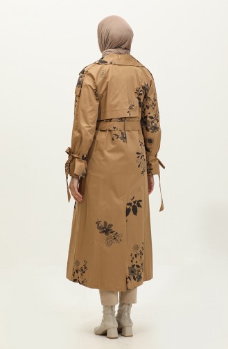 Jamila Floral Patterned Cotton Seasonal Trench Coat Camel 6501.Kamel