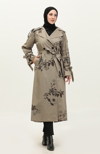 Jamila Floral Patterned Cotton Seasonal Trench Coat Olive 6501.Olive