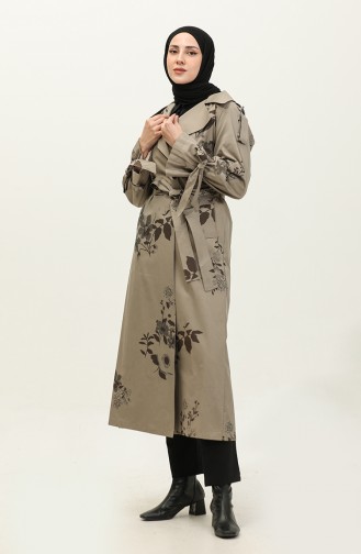 Jamila Floral Patterned Cotton Seasonal Trench Coat Olive 6501.Olive