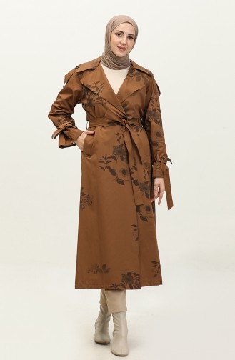 Jamila Floral Patterned Cotton Seasonal Trench Coat Brown 6501.Taba