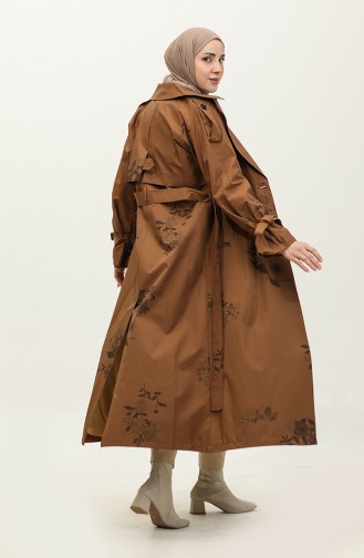 Jamila Floral Patterned Cotton Seasonal Trench Coat Brown 6501.Taba