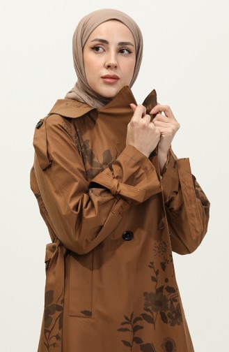 Jamila Floral Patterned Cotton Seasonal Trench Coat Brown 6501.Taba