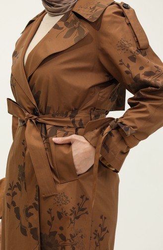 Jamila Floral Patterned Cotton Seasonal Trench Coat Brown 6501.Taba