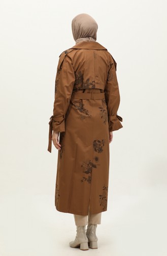 Jamila Floral Patterned Cotton Seasonal Trench Coat Brown 6501.Taba