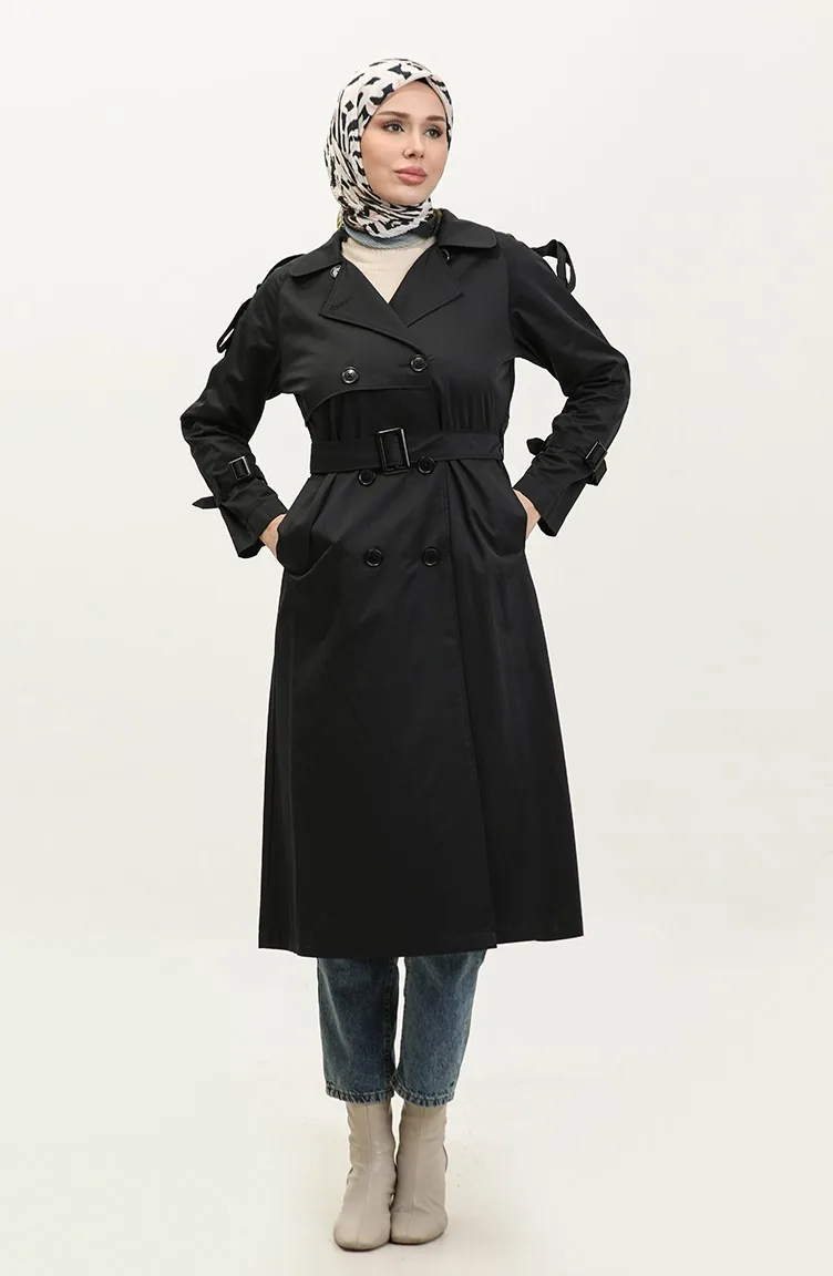 Jamila Trench-coat En Gabardine De Coton Saisonnier à Manches Raglan Noir 6504.SİYAH