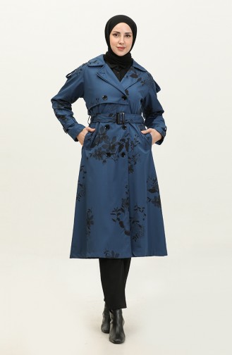 Mit Blumenmuster Gefütterter Langer Damen-Trenchcoat Indigo 6826.İndigo