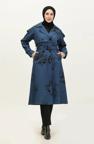 Mit Blumenmuster Gefütterter Langer Damen-Trenchcoat Indigo 6826.İndigo