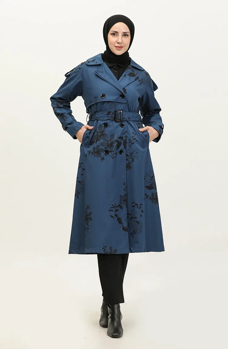 Mit Blumenmuster Gefütterter Langer Damen-Trenchcoat Indigo 6826.İndigo