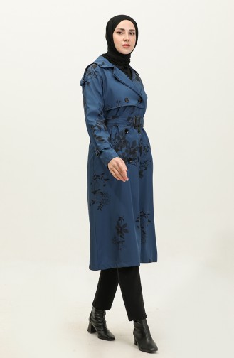 Mit Blumenmuster Gefütterter Langer Damen-Trenchcoat Indigo 6826.İndigo