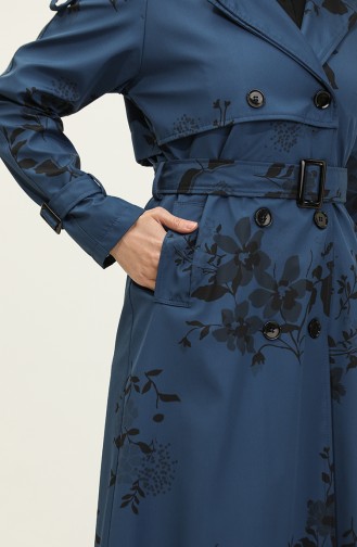 Mit Blumenmuster Gefütterter Langer Damen-Trenchcoat Indigo 6826.İndigo