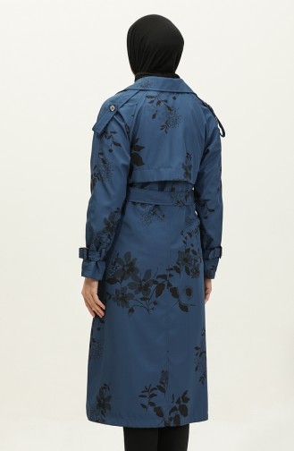 Mit Blumenmuster Gefütterter Langer Damen-Trenchcoat Indigo 6826.İndigo