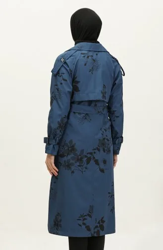 Mit Blumenmuster Gefütterter Langer Damen-Trenchcoat Indigo 6826.İndigo