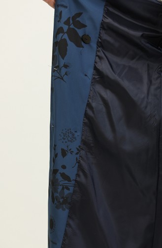 Mit Blumenmuster Gefütterter Langer Damen-Trenchcoat Indigo 6826.İndigo