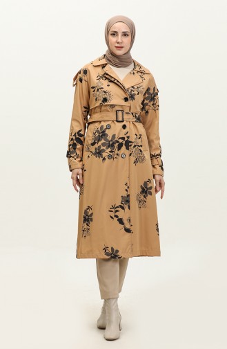 Floral Patterned Lined Long Women`s Trench Coat Camel 6826.Kamel