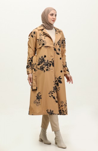 Floral Patterned Lined Long Women`s Trench Coat Camel 6826.Kamel