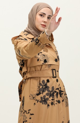 Floral Patterned Lined Long Women`s Trench Coat Camel 6826.Kamel