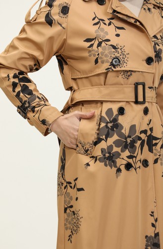 Floral Patterned Lined Long Women`s Trench Coat Camel 6826.Kamel