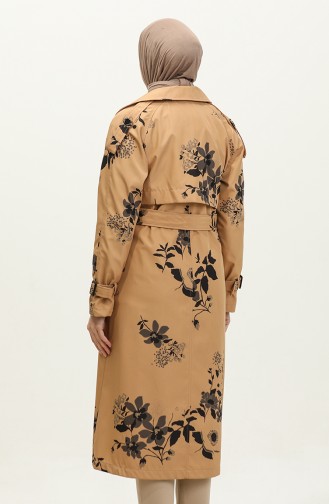 Floral Patterned Lined Long Women`s Trench Coat Camel 6826.Kamel