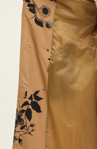 Floral Patterned Lined Long Women`s Trench Coat Camel 6826.Kamel