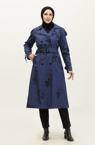 Lange Damestrenchcoat Met Bloemenpatroon Marineblauw 6826.Lacivert