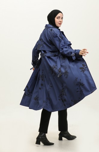 Floral Patterned Lined Long Women`s Trench Coat Navy Blue 6826.Lacivert