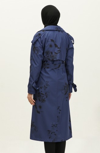Floral Patterned Lined Long Women`s Trench Coat Navy Blue 6826.Lacivert