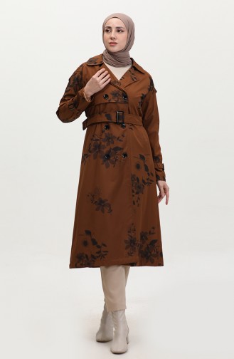 Floral Patterned Lined Long Women`s Trench Coat Tan 6826.Taba