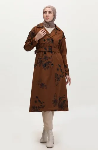 Gefütterter Langer Damen-Trenchcoat Mit Blumenmuster In Hellbraun 6826.Taba