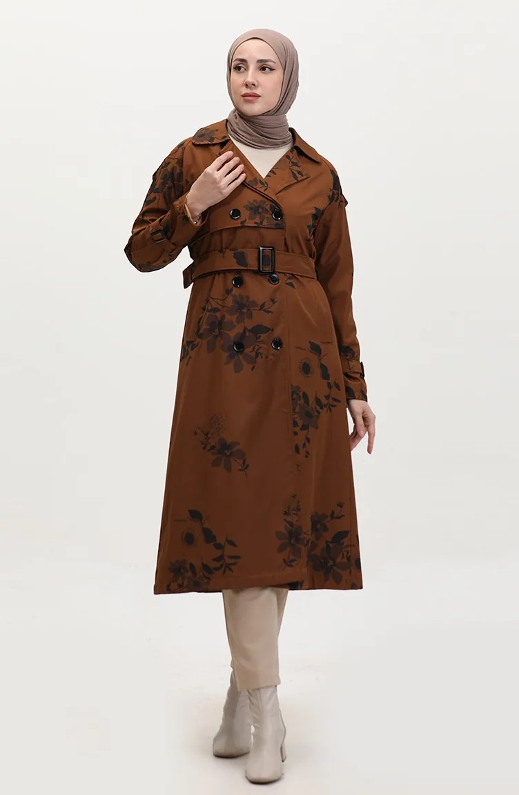 Gefütterter Langer Damen-Trenchcoat Mit Blumenmuster In Hellbraun 6826.Taba