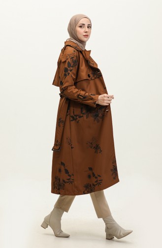 Floral Patterned Lined Long Women`s Trench Coat Tan 6826.Taba