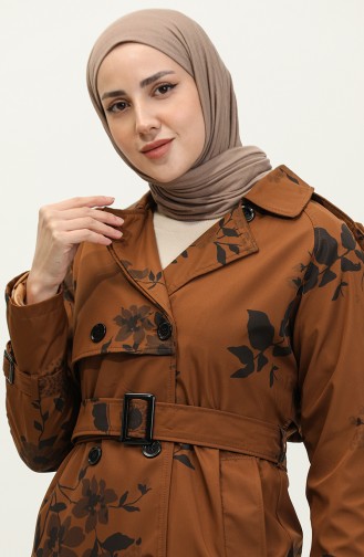 Floral Patterned Lined Long Women`s Trench Coat Tan 6826.Taba