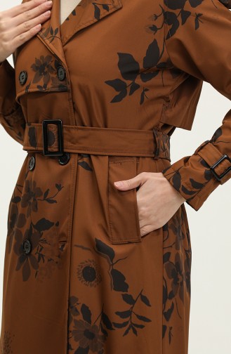 Floral Patterned Lined Long Women`s Trench Coat Tan 6826.Taba