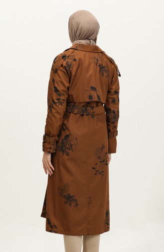 Floral Patterned Lined Long Women`s Trench Coat Tan 6826.Taba
